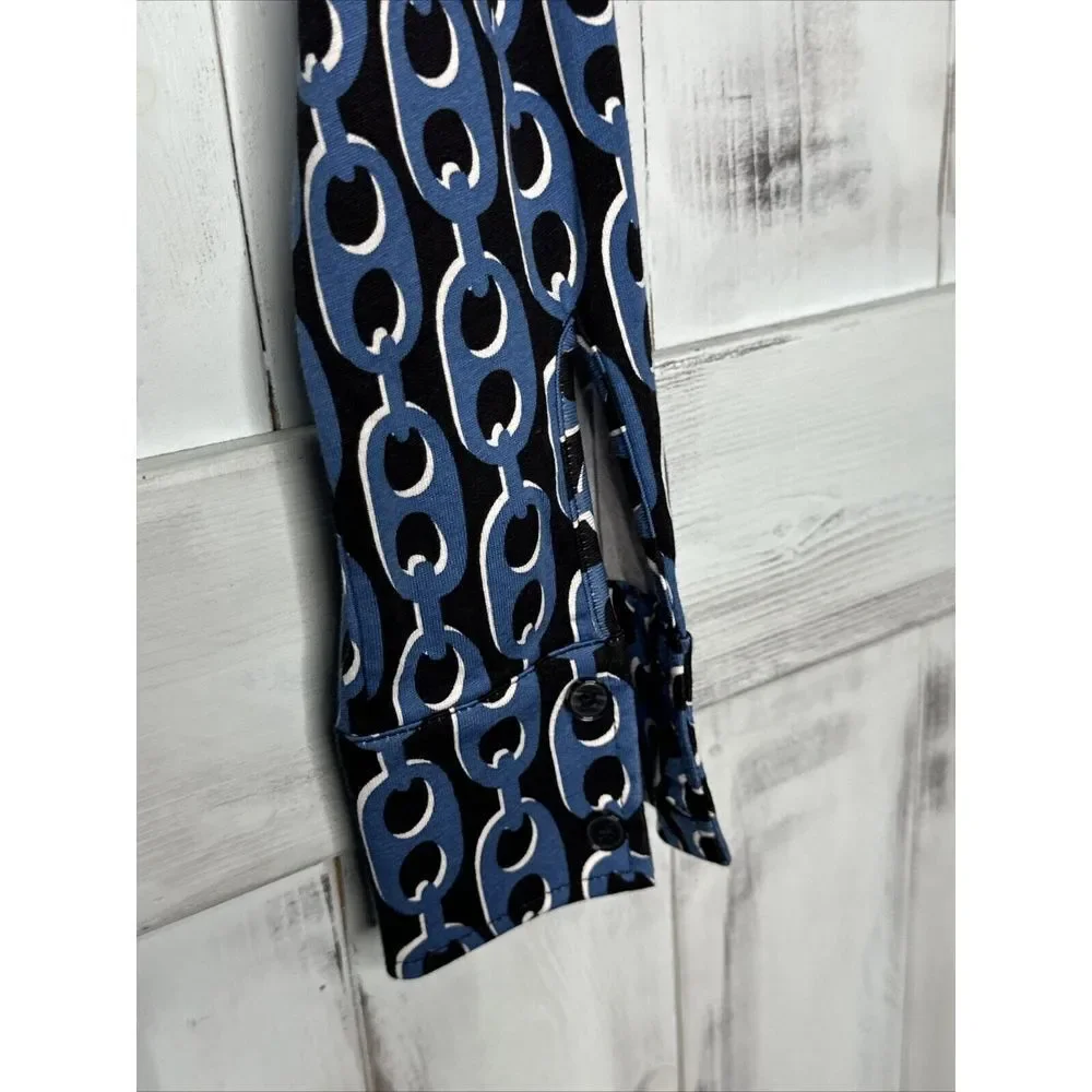 Boden Laura Shirt Dress 4P Petite Tencel Jersey Azure Blue Geo Chain Midi Belted - Picture 10 of 13